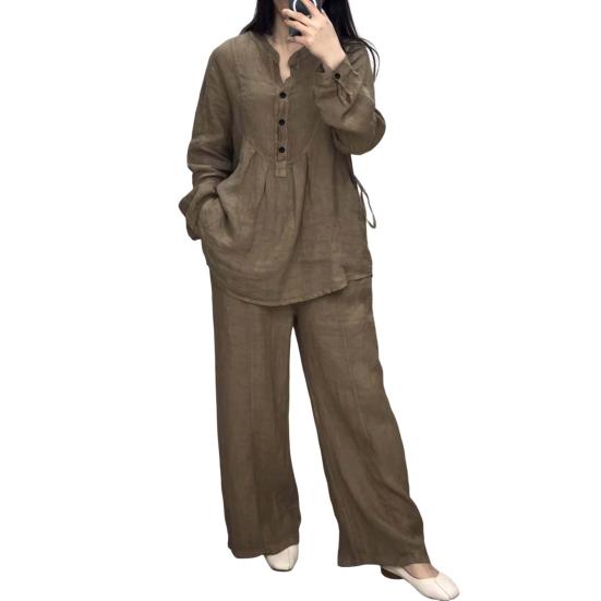 

Женский комплект из 2 предметов: топ и брюки, однотонный, с длинными рукавами, полуоткрытый круглый вырез, эластичный пояс, прямые широкие брюки, спортивный наряд для фитнеса, осень L