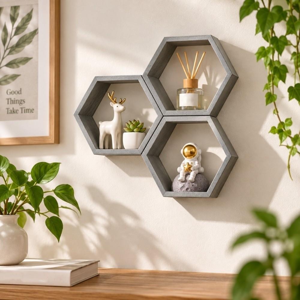 3PCS Nordic Style Hexagonal Suspended Storage Rack Hexagonal Floating Shelves Home Decor