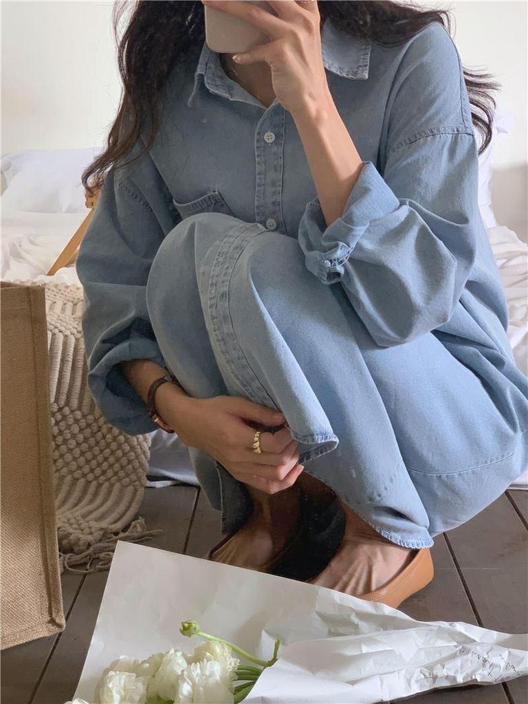 Korean Chic Denim Lapel Shirt Dress - Casual Long Sleeve, Loose Fit for Spring/Autumn Women