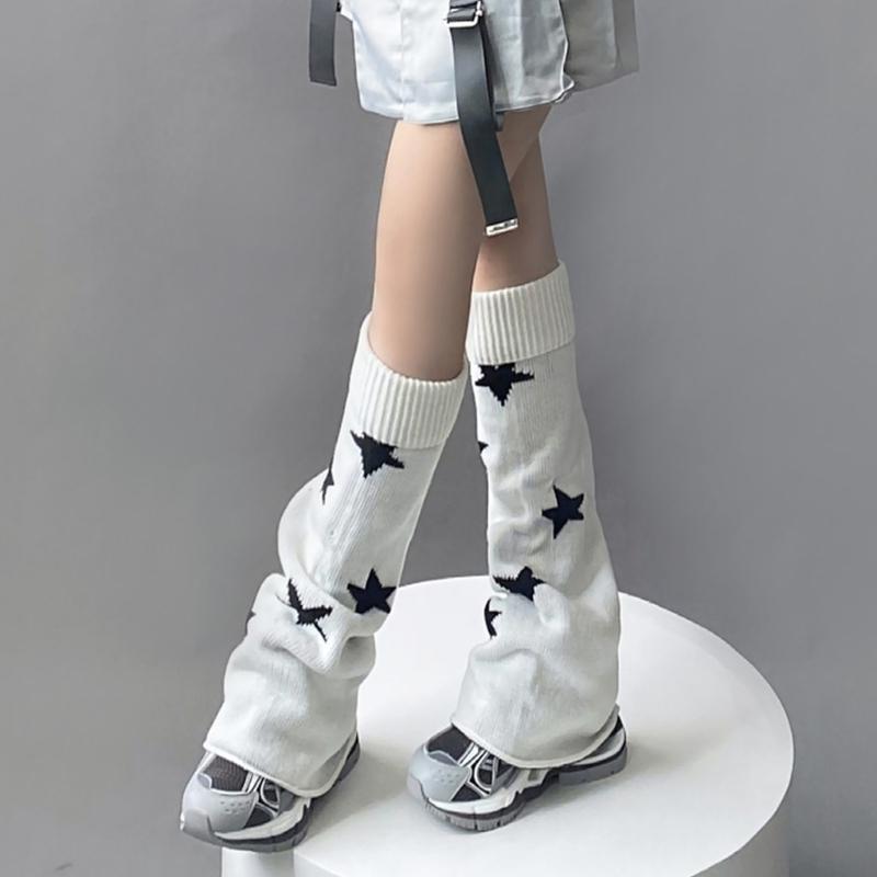 Girls Lolitas Leg Warmers Y2K Star Knitted Flared Leg Sleeves Goth Baggy Cuff Ankle Heap Socks JK Uniform Foot Cover