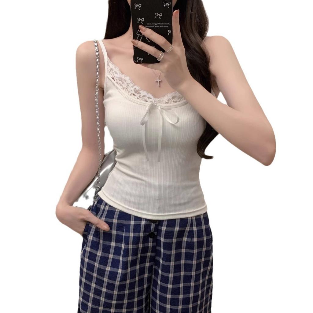#Pure desire sexy lace splicing pit strip sling vest women's chest pad inner slim and thin bottoming shirt