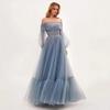   new long women's clothing one-word shoulder mesh long-sleeved wedding dress tulle dress