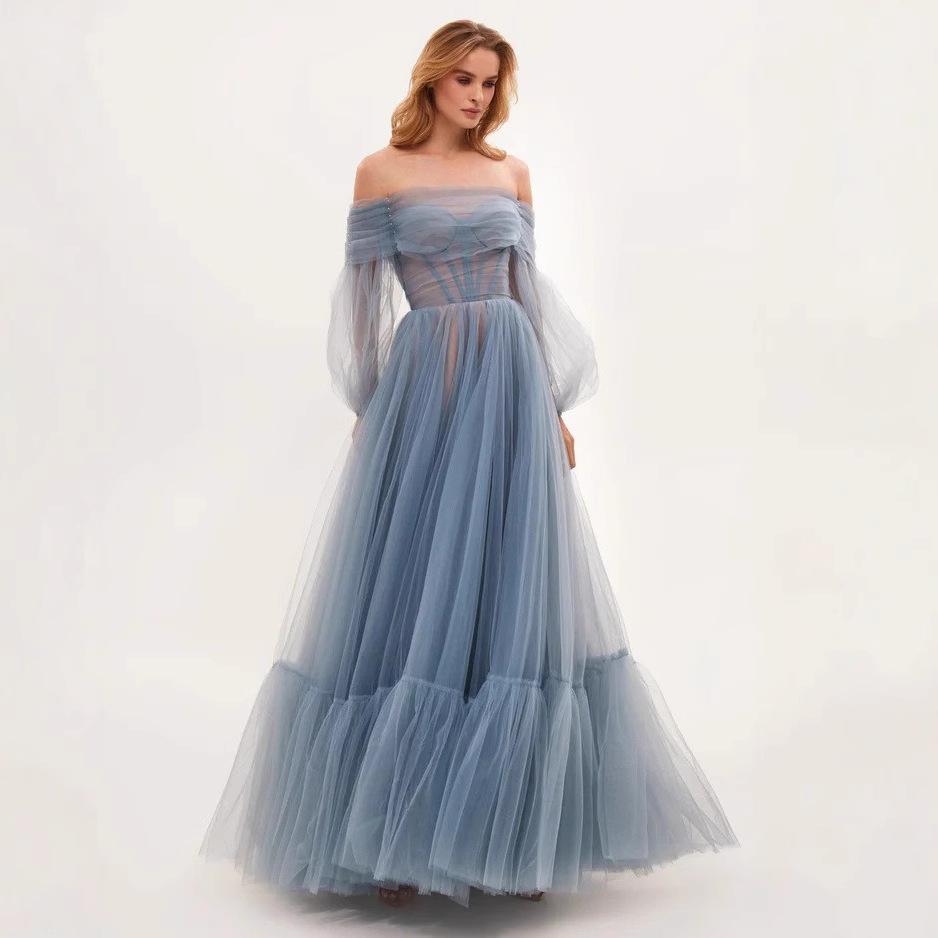 new long women's clothing one-word shoulder mesh long-sleeved wedding dress tulle dress