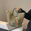 New Single Shoulder Striped Woven Bag, Large Capacity Tote Bag, Women's Hand-held Woven Bag, Grass Bag, Beach Vacation Bag