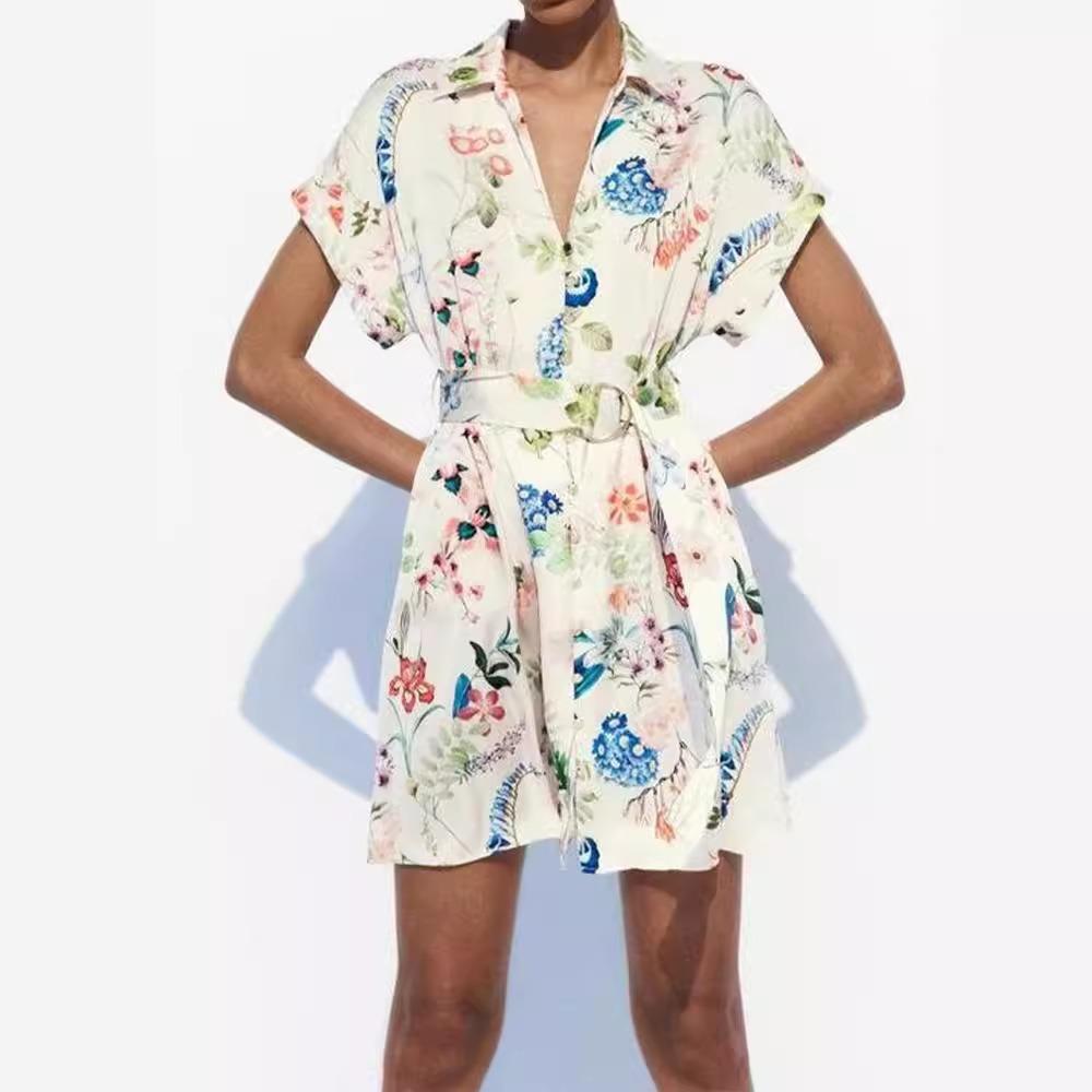 

2024 платье-рубашка с принтом, мини-платье с короткими рукавами и цветочным принтом, женские короткие платья с поясом для женщин, летние повседневные платья на пуговицах