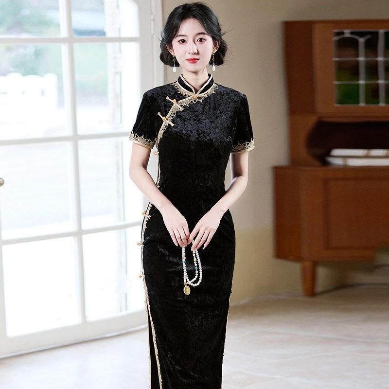 Black Velvet Modern Chinese Style Long Cheongsam Dress Women 2026 Elegant Retro Fit S To 3XL Small