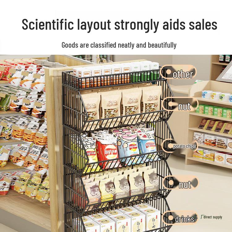 Multi-Layer Snack Display Rack with Wheels for Supermarket or Convenience Store