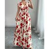 Nuevo Vestido Largo Estampado de Verano con Cuello en V y Manga Corta con Lazo para Mujer Cintura Ajustada