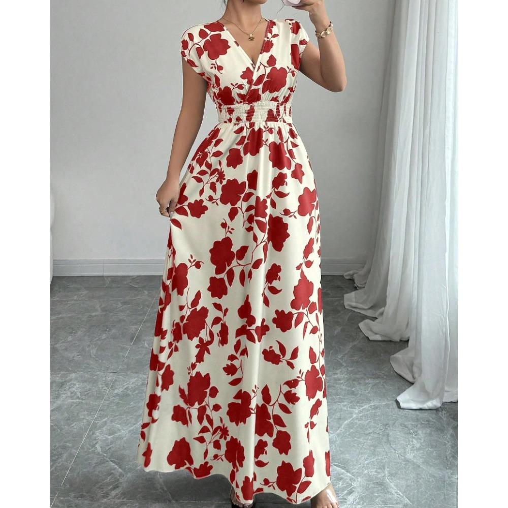 Nuevo Vestido Largo Estampado de Verano con Cuello en V y Manga Corta con Lazo para Mujer Cintura Ajustada