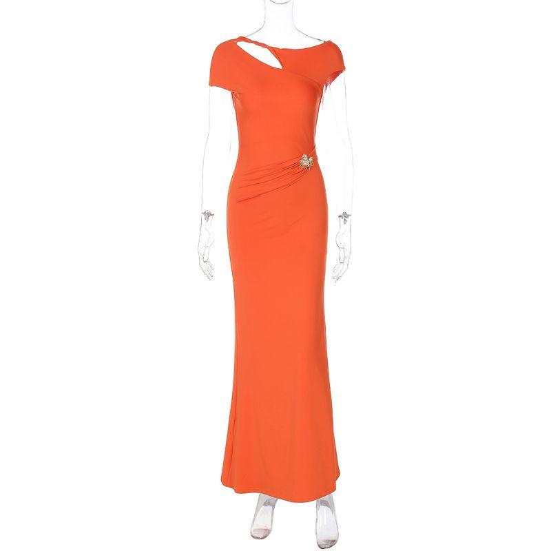 

Shemoda Fashion Style Diagonal Collar Cut Out Backless Short Sleeve Dress Women s Stretch Silm Decorative Flower below the Knee Long Dress Orange S