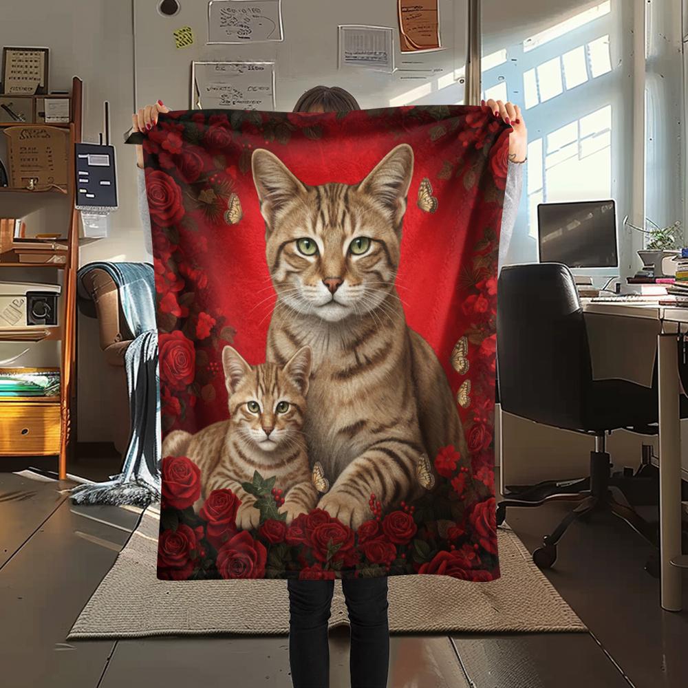 1PC Red Rose Animals Print Flannel Blanket, High Quality All Seasons, Home Decor, Warmth and Comfort, Perfect for Christmas Gifts