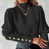 Women's Autumn and Winter Long Sleeve Solid Lace O-Neck Button Down Shirt Blouse