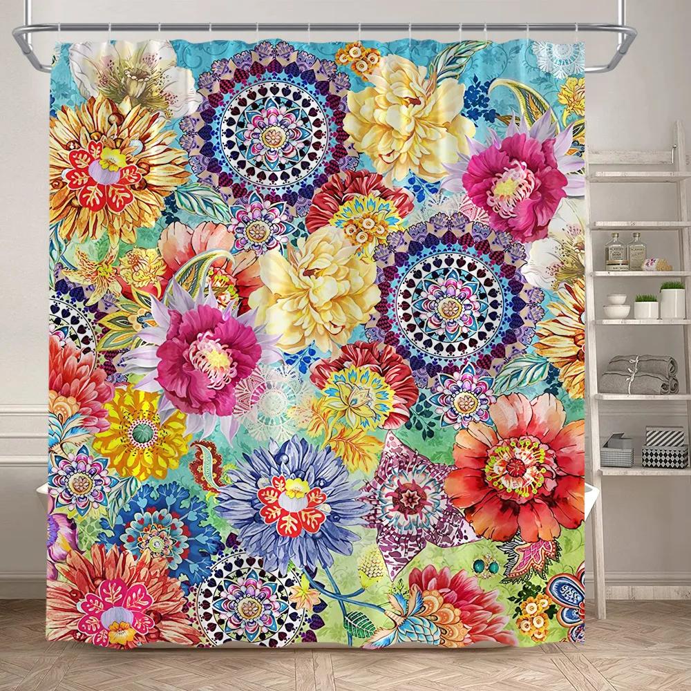 

Floral Shower Curtains Boho Flowers Plant Watercolour Art Modern Polyester Fabric Bathroom Curtain Bathtub Decor Set With Hooks W60H190(CM)-1 Pcs