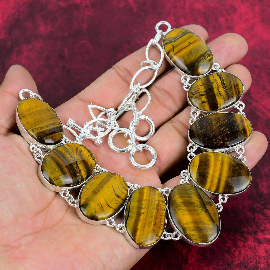 Collana in argento sterling massiccio 925 con occhio di tigre regolabile, collana a catena fatta a mano con pietre preziose, regalo per la mamma, gioielli antichi