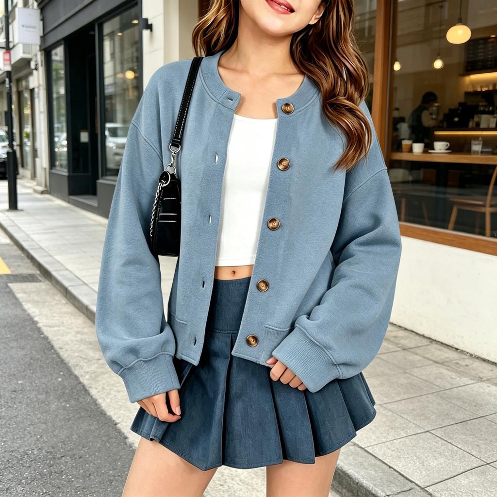 Felpa Cardigan con Bottoni Colorati da Ragazza a Manica Lunga Top Casual