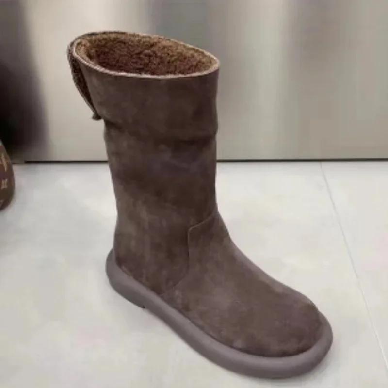 

Модная брендовая обувь 2024 для женщин, слипоны, зимняя женская обувь, круглый носок, однотонная замша, плюс бархат, теплая, удобная, на низком каблуке, сноубутсы 38