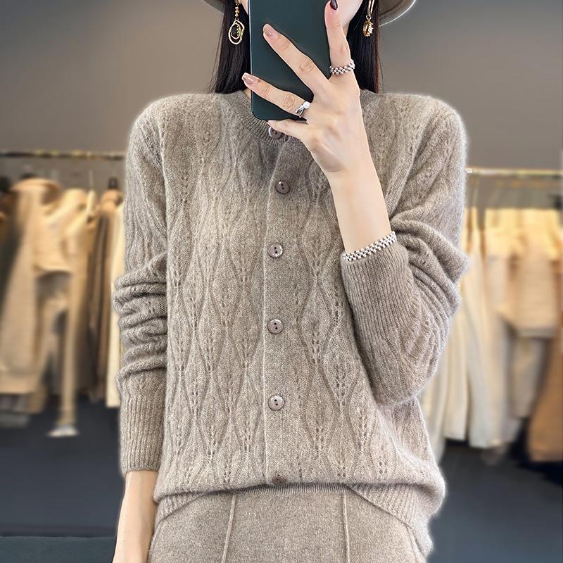 2023 Women's Retro Loose Round Neck Hollow Pure Wool Cardigan Sweater Knit - Early Autumn