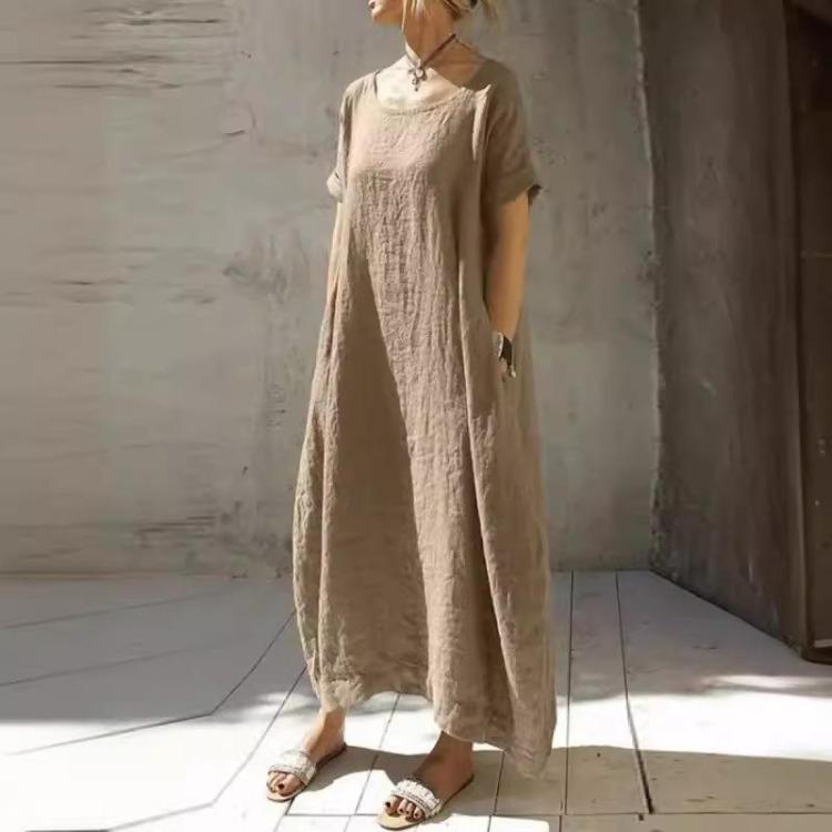 2023 Women's Cotton Linen Dress Loose Fit Round Neck Slit Belted Design