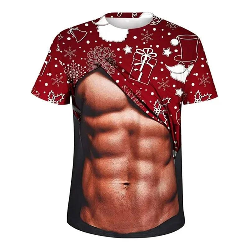 Round neck short sleeved Christmas fake abs pattern T-shirt, ugly Christmas top, men's gift funny 3D printed men's ugly Christmas T-shirt,