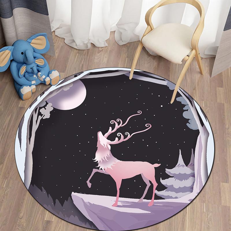Floor Mat Living Room Rug Children's Crawling Play Area Mat Anime Carpet Door Mat Forest Fawn Round Rug