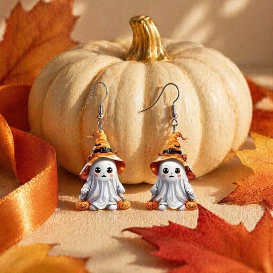 Smooth Polished Ear Pins 1 Pair Halloween Cute Ghost Earrings, Acrylic Dangle Earrings with Witch Durable Festive Hat Pumpkin Bat, Anti-Rust