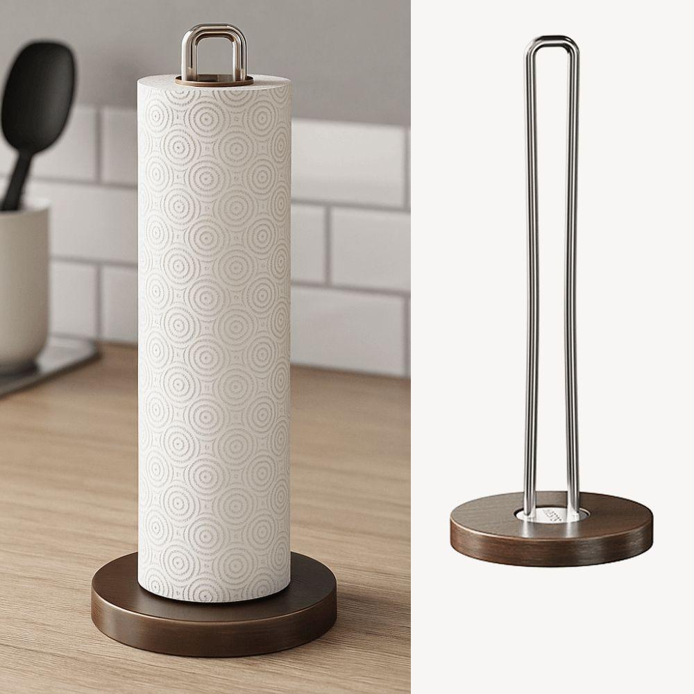 Stainless Steel Paper Towel Stand Wooden Base One-Handed Tear Paper Towel Rack Durable Non-Slip Wood Paper Towel Holder Kitchen