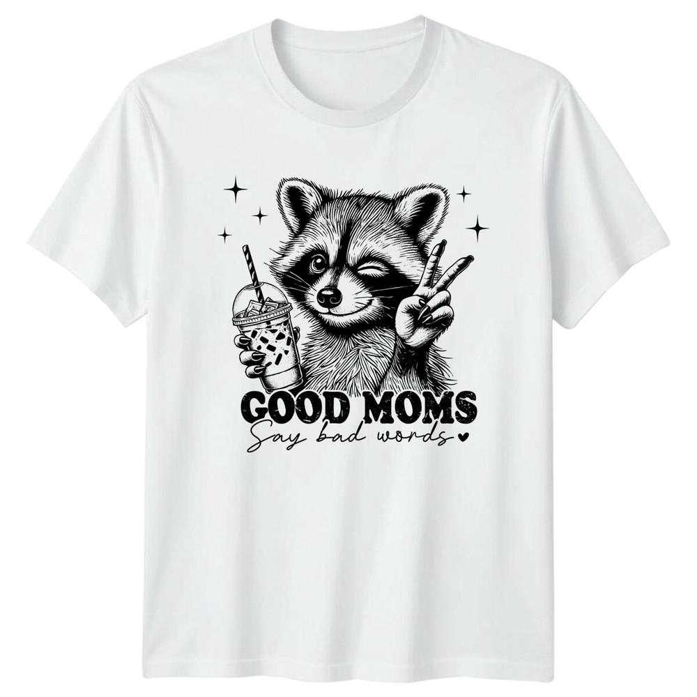 Good Moms Say Bad Words Raccoon Peace Sign Graphic TShirt S