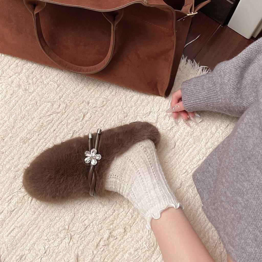 Fashion Designer Spring Autumn Women Warm Fur Shoes Fashion Shallow Slip on Ladies Flats Shoes Round Toe Women's Mary Jane Shoes