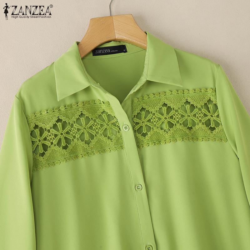 ZANZEA Women Patchwork Hollow Crochet Casual Turn Down Collar 3/4 Sleeve Blouse