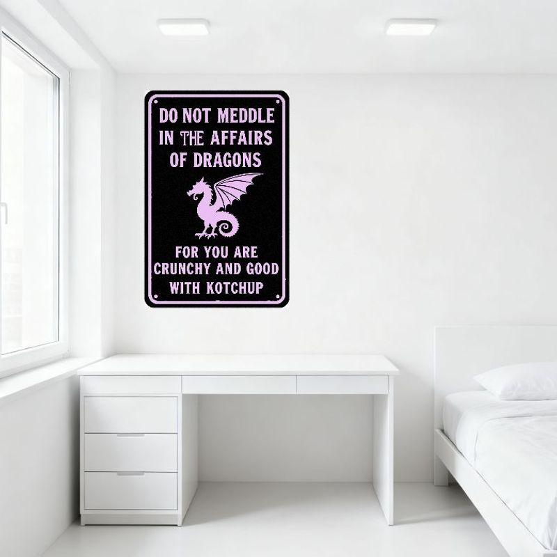 Funny Dragon Metal Tin Sign Black Rectangular with White Border Rounded Corners Pink Dragon Illustration DO NOT MEDDLE In Affair