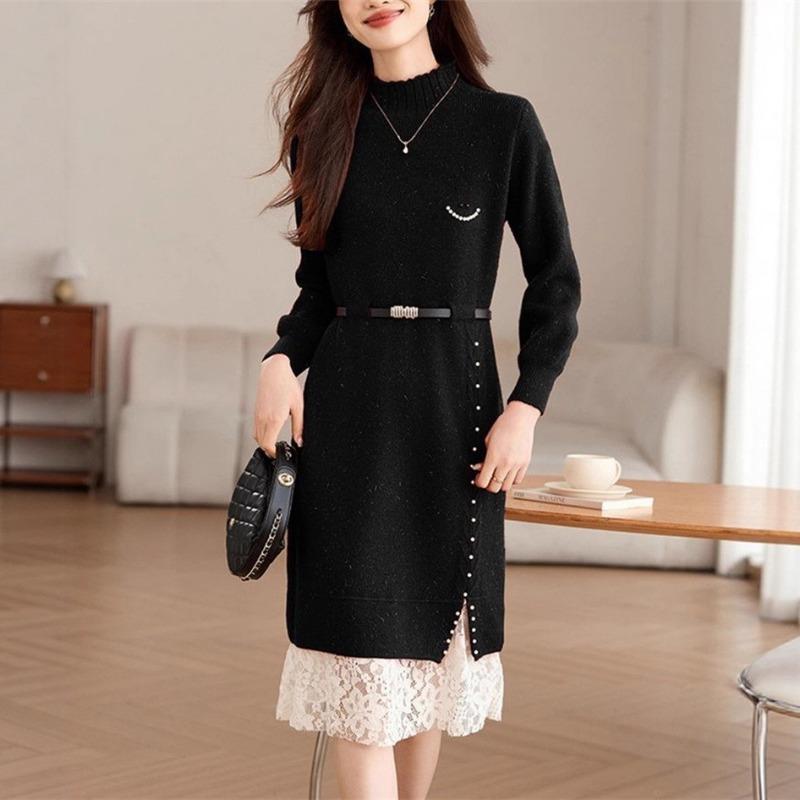 

Элегантное кружевное вязаное платье осень и зима новое длинное до колена свитер-юбка с пальто one size fits all чёрный