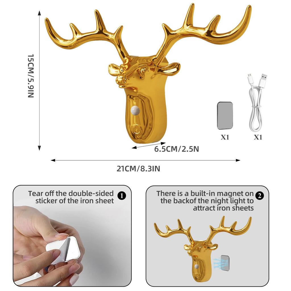 Deer Head Motion Sensor Wall Lamp USB Rechargeable Wireless LED Night Light Battery Powered Wall Light Decor For Hallway Bedroom Bathroom