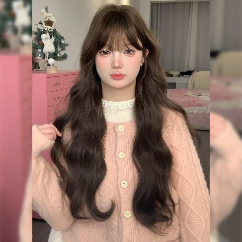 Długa Kręcona Peruka Damska z Prosta Grzywką Modna Falowana Egg Curl Odporna na Ciepło Syntetyczna Pełna Peruka