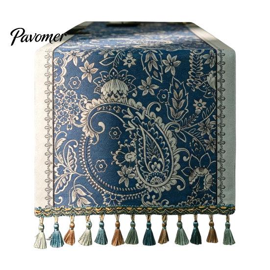 Dining Room Table Runner Jacquard Runner, Vintage Floral Elegant Tassel Edge with Tassels for Home Party Decor