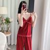 Golden Velvet Lace Nightwear Set: Sexy Camisole, Long Pants, and Robe with Breast Pads for Autumn/Winter Comfort.