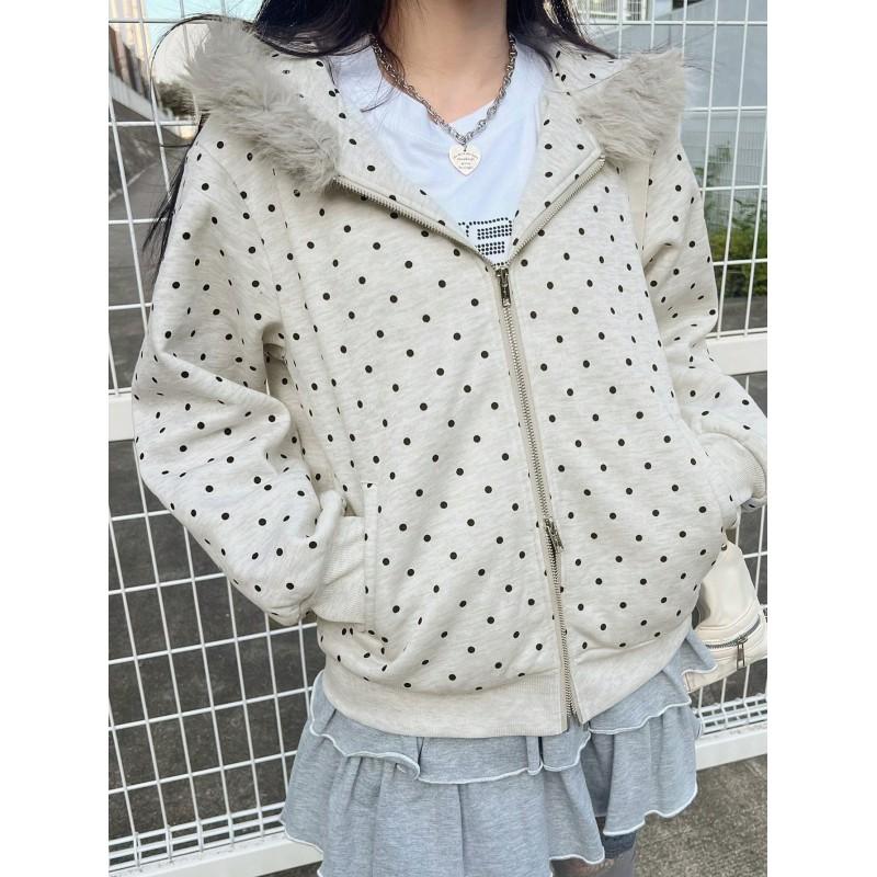 Polka Dot Hooded Zip-Up Sweatshirt Women