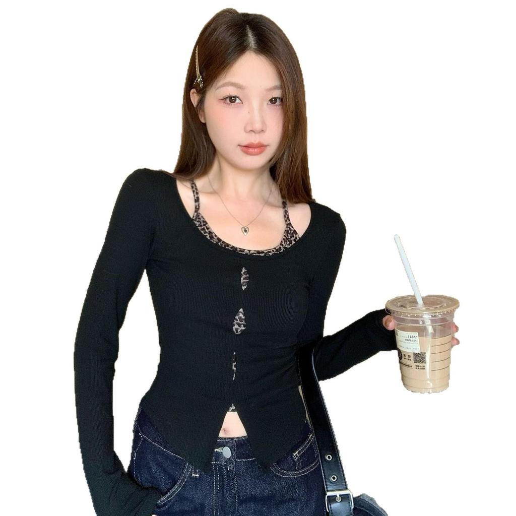 Retro Spicy Girl Black Hollowed Long Sleeve Autumn Top - Simple, Slimming, and Flattering Design