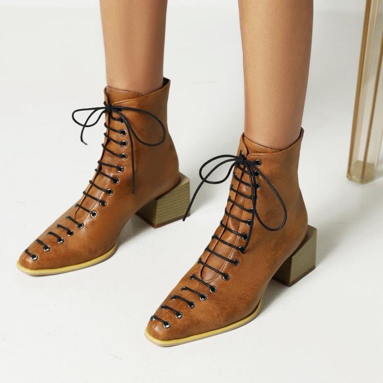 

European and American style small square head front lace-up Chinese and short women s boots 39 коричневый