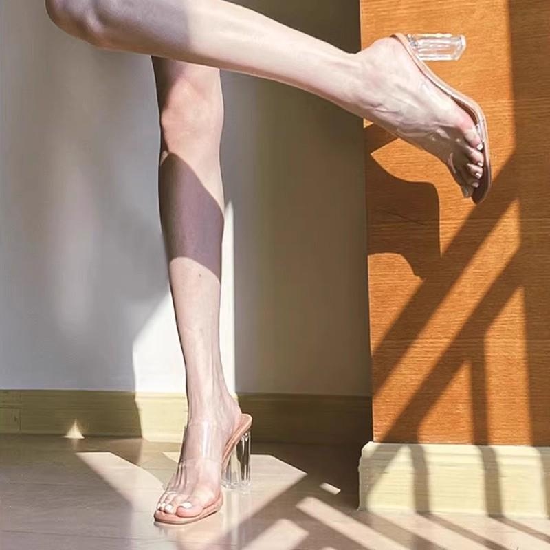 Transparent sexy high-heeled sandals women's summer thick-heeled glass crystal shoes cool slippers