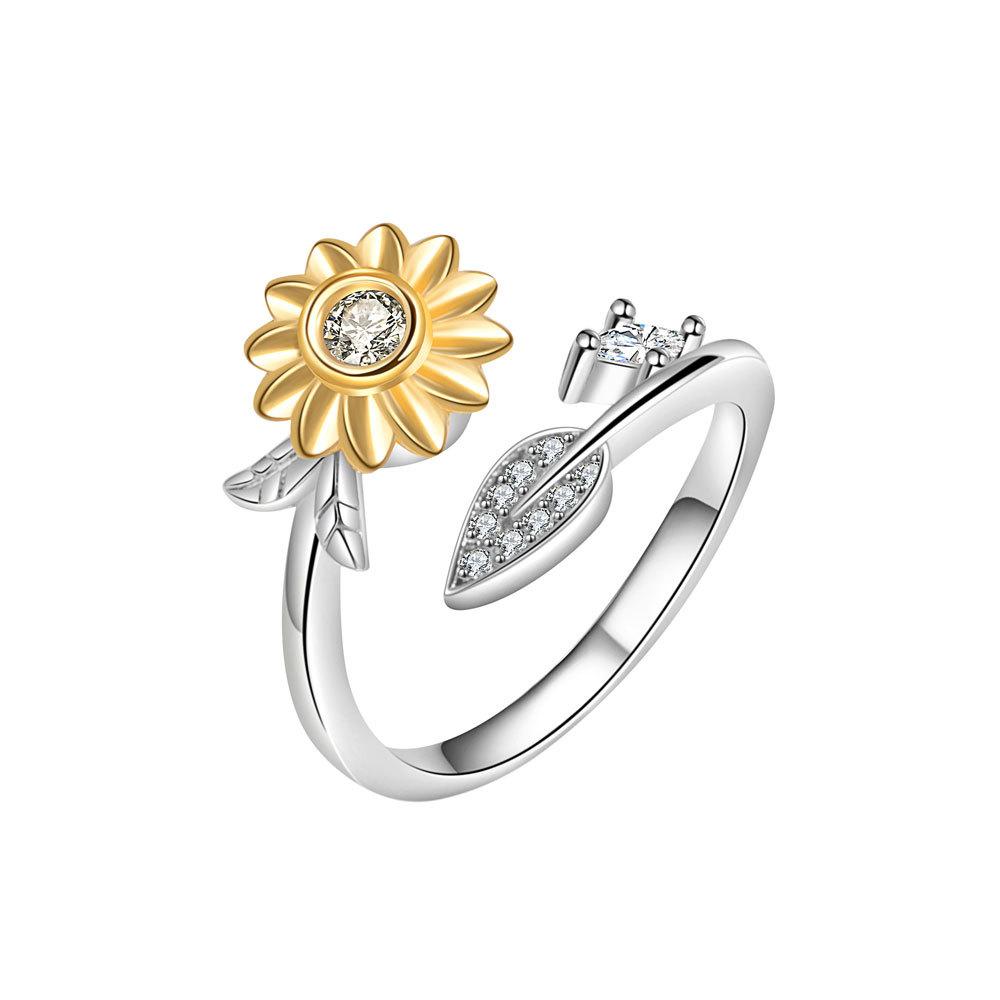 Fashionable Two Tone Sunflower Open Ring For Women With Zircon Stone Flower Jewelry
