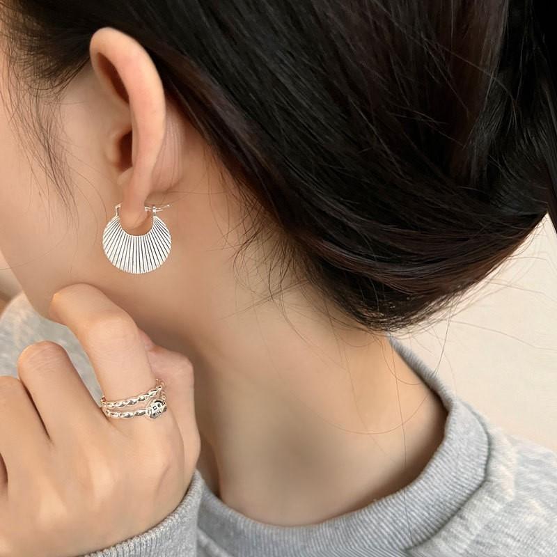 ANENJERY Silver Color Geometric Texture Stripe Hoop Earrings for Women Simple Niche Design Jewelry Accessories