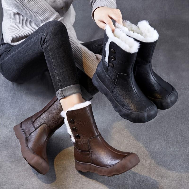 Johnature Genuine Leather Snow Boots Women's Shoes Plush Warm Versatile Soft Soled Mid-calf Boots