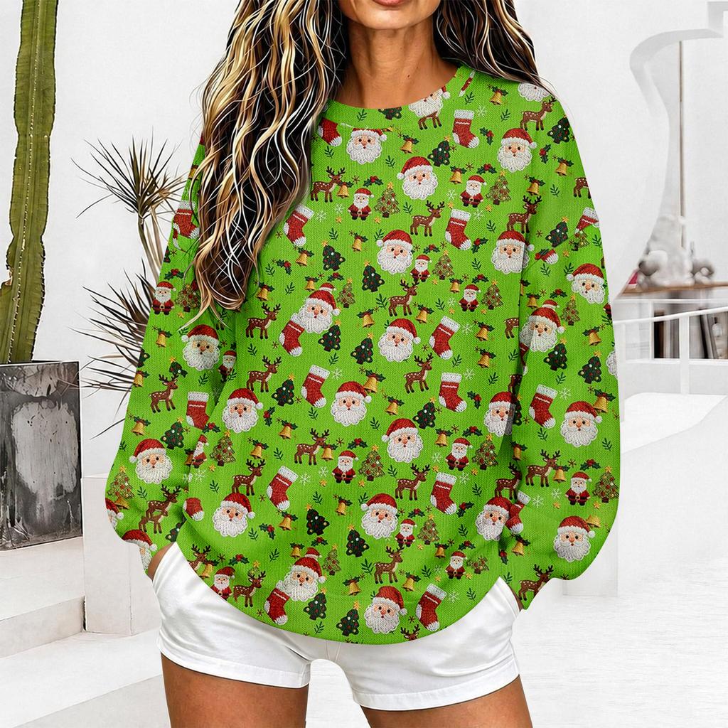 Women's Christmas Print Sweatshirt Trendy Casual Long Sleeve Neck Pullover Top for Holiday