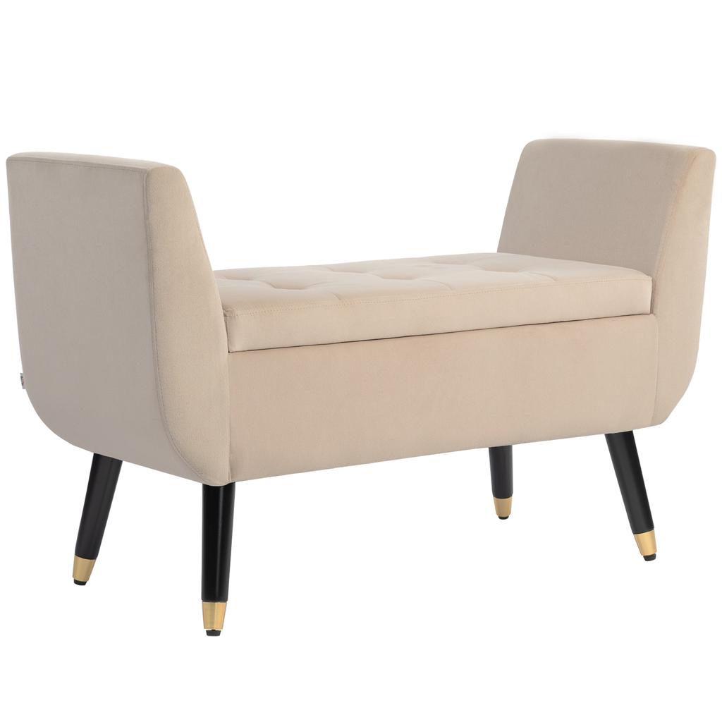 Gepolsterte Bank mit Stauraum, Armlehnen, Samtähnliches Polyester, Kautschukholz, 107 x 42 x 65 cm, Beige