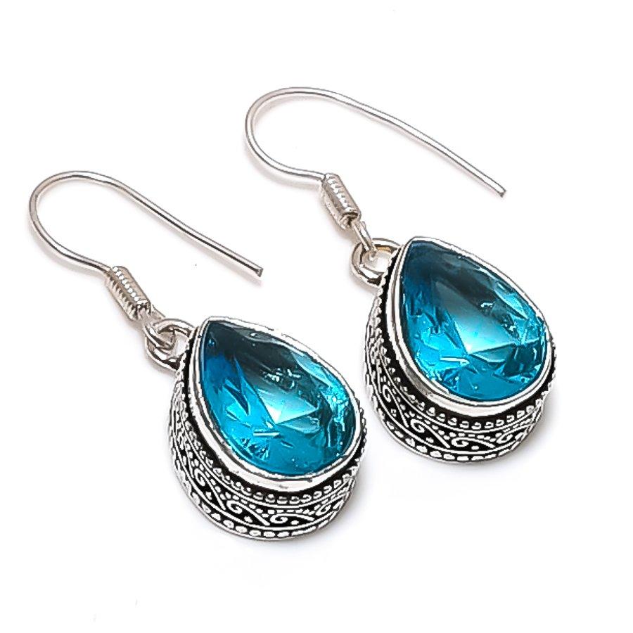 Natural Swiss Blue Topaz Gemstone 925 Sterling Silver Jewelry Earring 1.38" N2u44