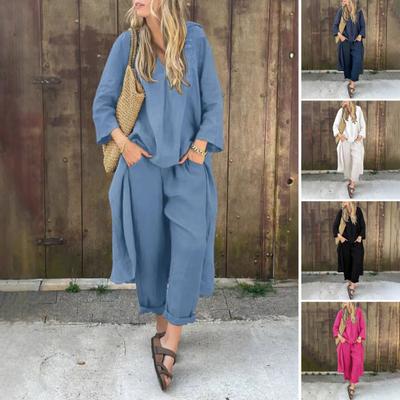 2 Pcs/Set Women Top Pants Set V Neck Long Sleeves Irregular Mid Length Blouse Vintage Elastic Waist Trousers Daily Leisure Loose Outfit