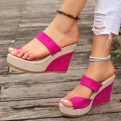 Hot Pink Ring Toe Wedge Heel Slippers Women Mix Color Platform Roman Sandals Woman 2025 Summer Thick Sole Non Slip Beach Slides