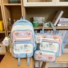 Color Blocked Embroidery Student Backpack Shoulder Bag Pencil Case Set For Casual Summer Wear