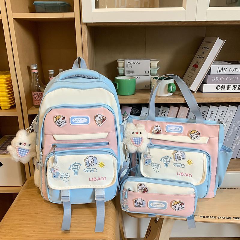 Color Blocked Embroidery Student Backpack Shoulder Bag Pencil Case Set For Casual Summer Wear