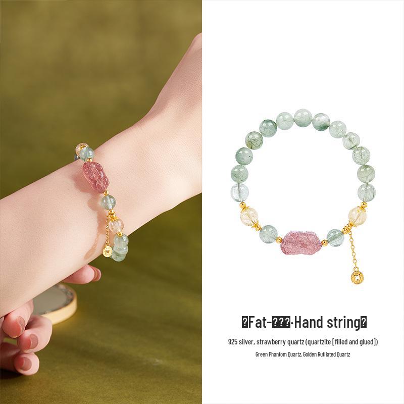 

Sterling Silver Pixiu Bracelet with Strawberry Quartz, Green & Golden Rutilated Quartz Beads - Versatile Women s Jewelry for Peach Blossom Luck S925 Silver